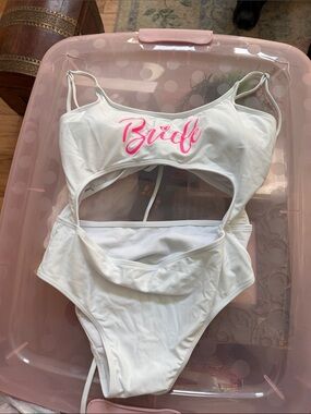 White 'Bride' Cutout One-Piece Swimsuit with Pink Script